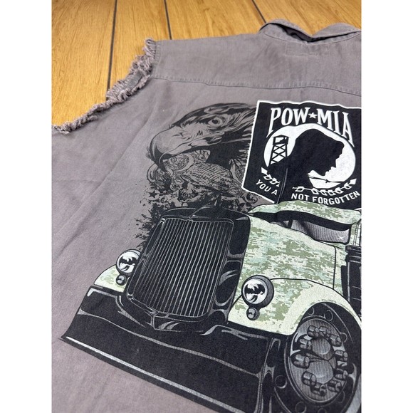 POW MIA Big Rig Truck Mens Shirt L Gray Raw Edges Sleeveless Front Buttons - Picture 11 of 16